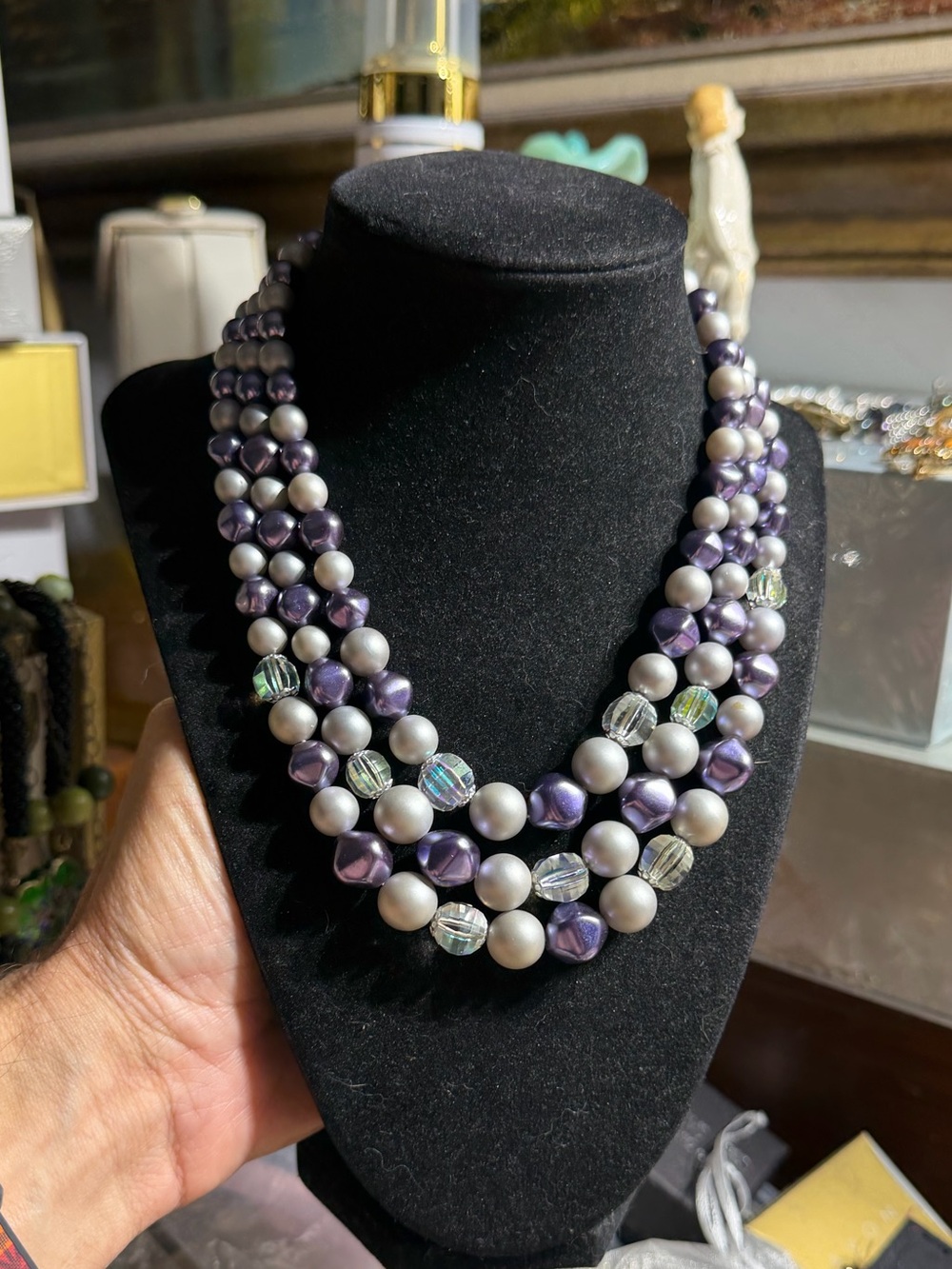 Vintage Japan Triple-Strand Purple and White Beaded Necklace